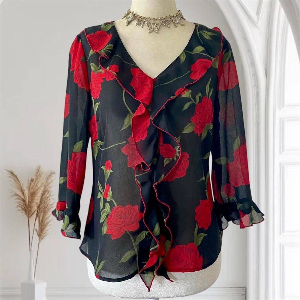 Whimsygoth Black Red Flower Frilly Ruffle Rose Mesh Button Up Vintage Blouse M